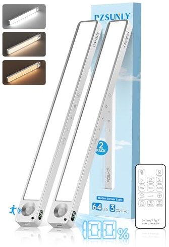 PZSUNLY Led Sottopensile Cucina - 2200 mAh Luce Sottopensile Cucina Led con Sensore di Movimento e Telecomando, Display della Batteria, Lampada Notturna per Armadio, Camere da Letto (2 pcs,argento)