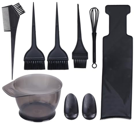 8Pcs Hair Dye Bowl Set with Tinting Brush Board and Combs | Plastic, Black Finish, DIY Coloring and Salon Use, for Barber and Hairdresser Work