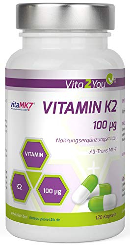 Vita2You Vitamin K2-100µg - 120 Kapseln - K2VITAL® - MK-7-99,7% All Trans - Premium Qualität von Kappa - Made in Germany