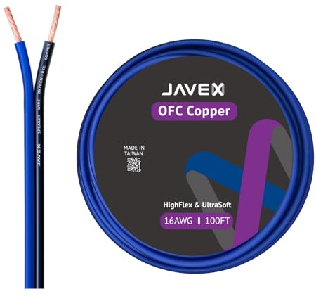 JAVEX Speaker Wire 16-Gauge [1.31mm2][0.16mm Strands Oxygen-Free Copper 99.9%] Stranded Copper, Blue/Black, Cable for Hi-Fi Systems, Amplifiers, AV receivers and Car Audio Systems, 100FT [30.5M]