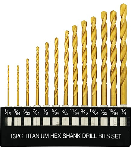 GMTOOLS 13 Pcs Titanium Coated Twist Hex Shank Drill Bit Set, 135 Degree Tip HSS Impact Drill Bit Set with Storage Case for Metal, Aluminum, Steel, Wood, Plastic, Quick Change Design 1/16 to 1/4