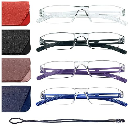 Hubeye 4 Paia Occhiali da lettura Ultraleggeri Montatura Trasparente Anti luce blu con Custodia in Pelle per Uomo e Donna 2.25