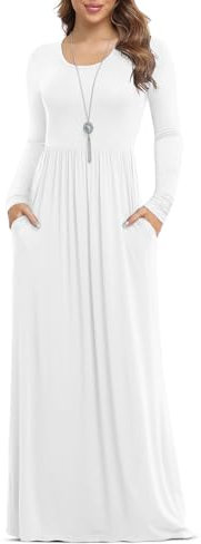 Anelune Dresses for Women Long Sleeve Loose Plain Plus Size Maxi Dresses Casual Long Dresses with Pockets White Large