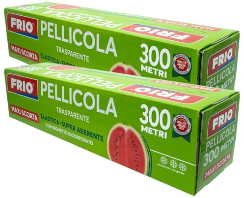 FRIO - 2 rouleaux de film alimentaire 600 m - Superadhérent - Trousse professionnelle avec scie - Élastique et auto-scellant pour stockage et emballage - Idéal pour conteneurs et bacs métalliques