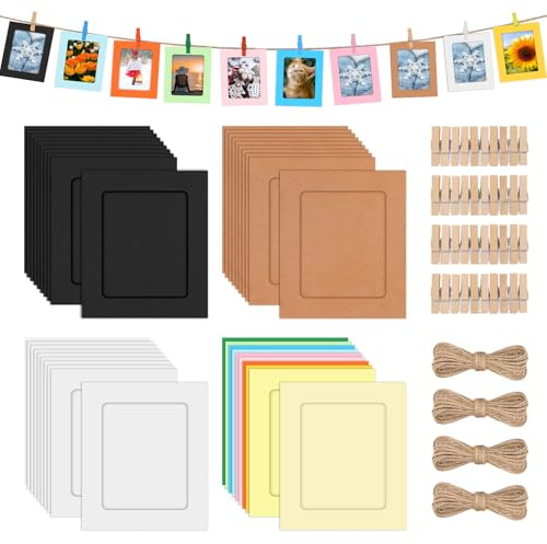 Mardatt Lot de 40 cadres photo en papier de 10,2 cm, comprend des cadres photo en carton colorés avec clips en bois, cordes pour décoration d'intérieur