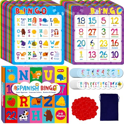 SpriteGru Juego de Bingo en Español, 12 Tableros de Bingo con Letras, Números y Palabras en Español, Juego Educativo para Aprendizaje de Idiomas - Edades 4 años en adelante