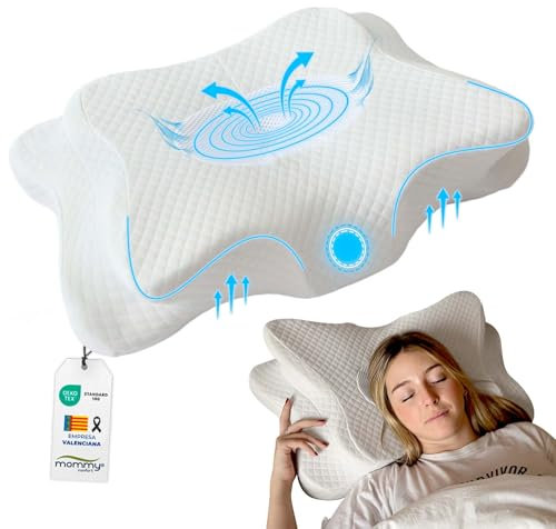 MOMMY CONFORT Almohada Cervicales y Cuello Viscoelástica – Ergonómica + Firme + Lavable – Almohada Ortopédica Antironquidos para Dormir Mejor – Alivio de Cuello y Hombros – Oeko-Tex