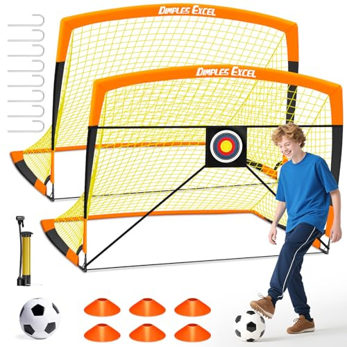 Dimples Excel Pop-Up Football Goal Set – 5x3.6FT 2 Goals Black & Orange | Foldable Garden Nets with Ball, Pump, Target & Cones | Great Gift for Football Fans