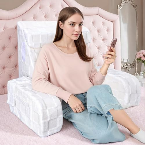 WENRENER Reading Pillow, Bed Rest Pillow with Neck Roll & Detachable Arm Support, Adult Backrest with Washable Cover, Adult Back Cushion Sitting in Bed, Couch or Floor for Watching TV/Gaming，White