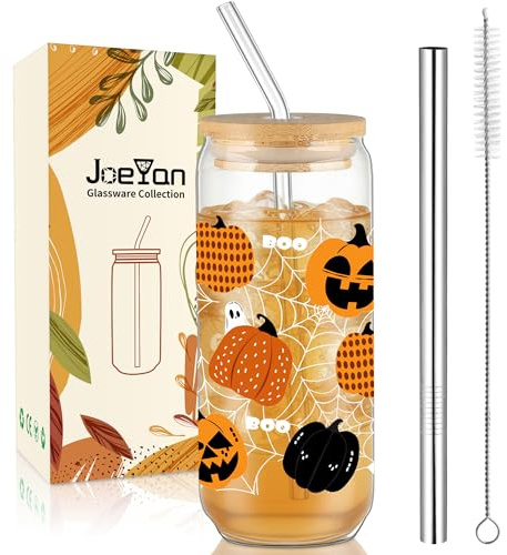 Joeyan 600ML Halloween Glass Cups with Lids and Straws, Halloween Pumpkin Ghost Cobweb Decor Tumbler Boba Iced Coffee Cup, Bubble Tea Can Drinking Glasses Jar Gifts for Women Men Friend Teen