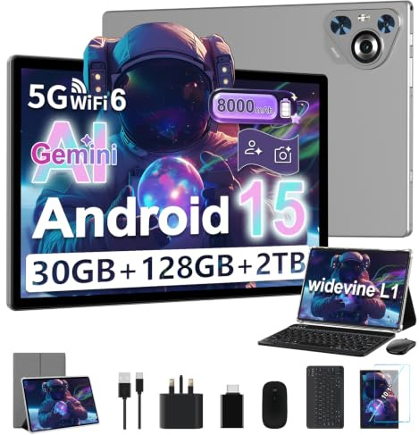 JUSYEA 2026 Tablet 10 Inch Android 15, 30GB RAM+128GB ROM/TF 2TB, 8000mAh, Parental Control, 8-Cores, Gemini AI/Widevine L1, BT5.0, 8MP+5MP, WIFI 6, Tablets Mouse and Keyboard Set-Grey