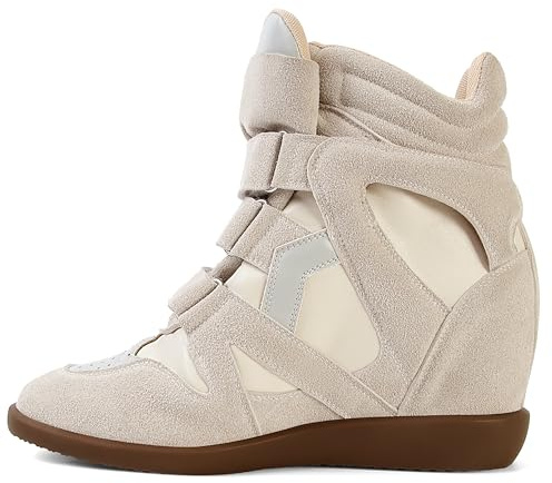 WJZDSJCO Wedge Sneakers for Women Heels Suede Hook and Loop Beige High Heel Platform Tennis Round Toe Triple Strappy Band Casual Vintage Fashion Dressy Comfy Campus Trendy Retro