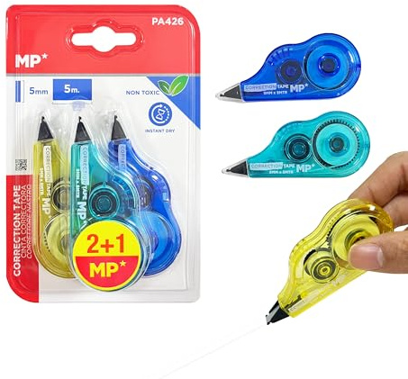MP 3 stycken korrigeringsrullar, mus, 5 m x 5 mm korrigeringsmus, exakt, omedelbart skrivbart korrigeringsband för kontor, hemmakontor eller skola, kompakt