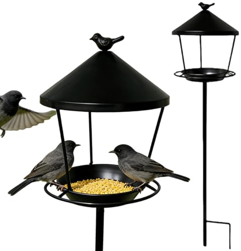 Mangiatoia per Uccelli con Asta, Supporto per Mangiatoia per Uccelli Resistente - Paletto in Ferro Battuto con Ampio Vassoio per Sementi per Giardino, Cortile, Patio, Nessun Montaggio Richiesto (Nero