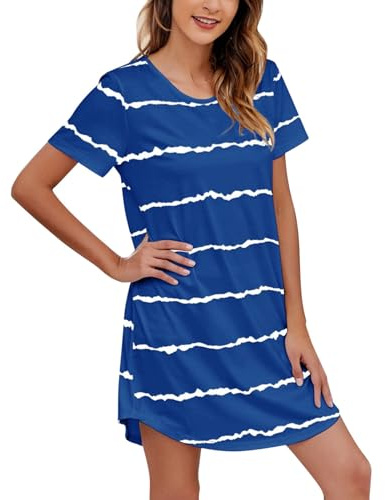 Chemise de nuit pour femme Grande taille – Nuisette en coton à manches courtes – Robe de nuit rayée à col rond – T-shirt long léger et ample – Mini robe de nuit confortable