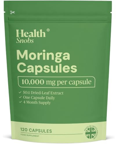 Pure Moringa Capsules 10,000mg - 120 Vegan Capsules (4-Month Supply) - Made in the UK - High Strength Supplement - By Health Snobs
