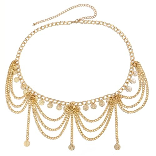 ITCGOB Ceinture Chaine Femme Antique avec Franges de Pièces de Monnaie, Ceinture Bohème Orientale Réglable pour Robe, Caftan, Tenue de Concert Western et Festival Gypsy