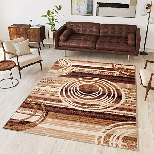 TAPISO Dream Teppich Wohnzimmer Modern Kurzflor Braun Beige Meliert Kreise Streifen Gestreift Schlafzimmer Gästezimmer Küche ÖKOTEX 140 x 200 cm
