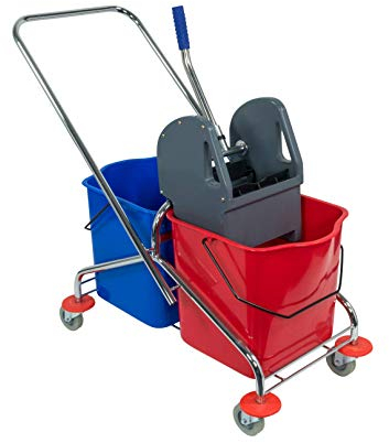 Sprintus Reinigungswagen Doppelfahreimer Chrom Doppelfahrwagen Wischwagen Putzwagen mit Metallrahmen, Metall-Lenkrollen, Doppelbacken-Mopp-Presse und zwei farblich getrennten Eimern