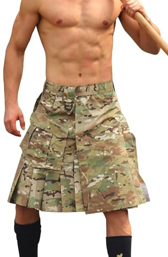 VATINNT Men's Pleated Utility Kilt Scottish Tactical Kilt | 23 Irish Highland Camo Kilt with Cargo Pockets