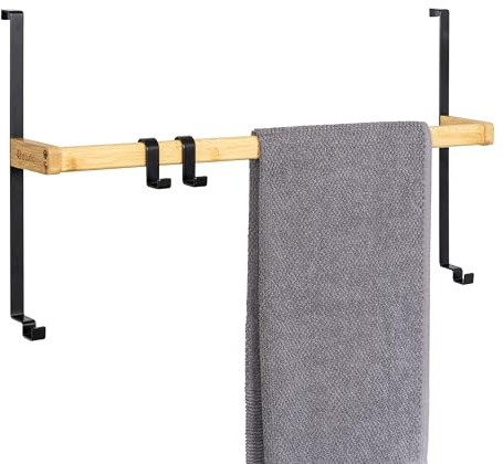 eluno Tür-Hängeregal aus Metall und Bambus, Tür-Handtuchhalter mit 1 Handtuchstange, 2 praktischen Haken, zum Einhängen ohne Bohren (Schwarz)
