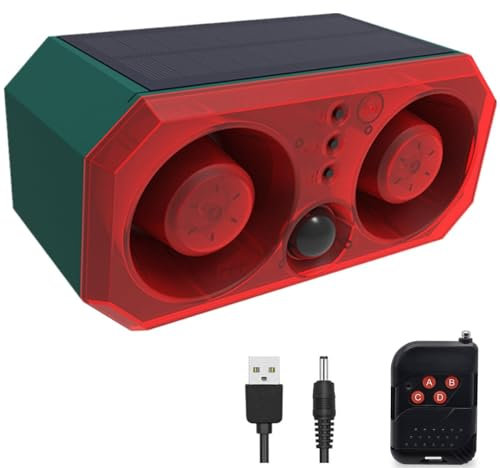 Solar Outdoor Motion Sensor Alarm with 13Sounds,KINGCOO 130db Dual Speaker Gunshot Dog Barking Sound Recording and Adjustable Volume Warning Security Strobe Light for Farm Yard Orchard Barn (1PCS)