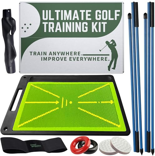 6-in-1 Golf Swing Trainer with Divot Board, Golf Grip Trainer, Alignment Sticks and Training Aid | Golf Accessories for Men & Women | Hitting Mat Practice Indoor & Outdoor