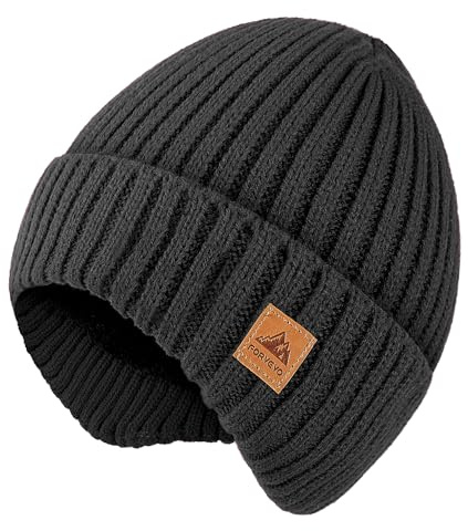 FORVEVO Gorro de invierno para hombre, cálido gorro de invierno para hombre, con orejeras, forro polar, gorro térmico, gorro de punto unisex para exterior, correr, esquí, resistente al viento, Negro