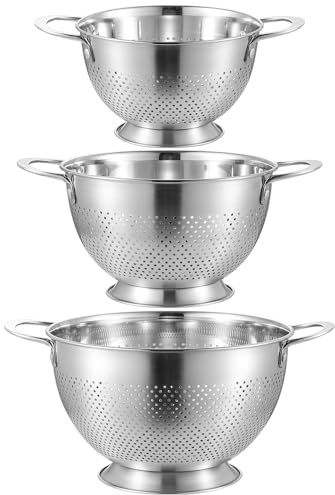 Colander Set of 3 Stainless Steel Colander with Handle & Round Base Metal Food Strainer for Pasta, Spaghetti, Vegetable, Fruit and Rice (Strainer Bowl Dia.17/19/23cm)