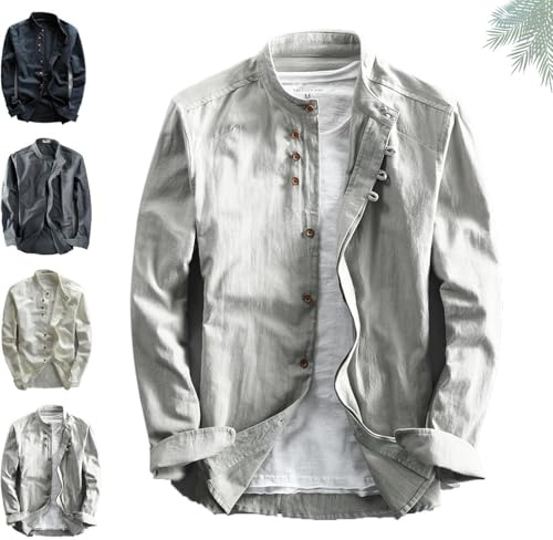 Generisch Soulona Katana Chemise décontractée en lin doux de qualité supérieure de style japonais avec col montant et col boutonné, Gris clair, M