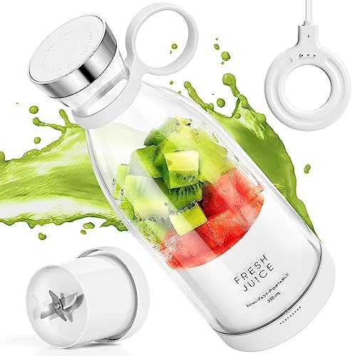 Tragbarer Mixer, 6-Klingen-Entsafterbecher für Saftshakes und Smoothies, 350 ml Mini-Mixer mit LED-Anzeige, wiederaufladbar über USB, 3000 mAh Akku, für Zuhause, unterwegs,Weiß