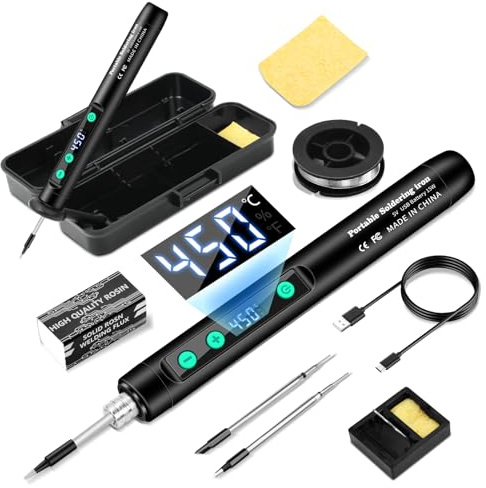 Voktta Akku Lötkolben Set mit Ständer, Tragbarer kabelloser Soldering Iron mit LCD, Einstellbare Temperatur 180-450°C, 3 Lötspitzen, Geeignet für Reparatur Leiterplatten, Schweißreparaturen - Schwarz