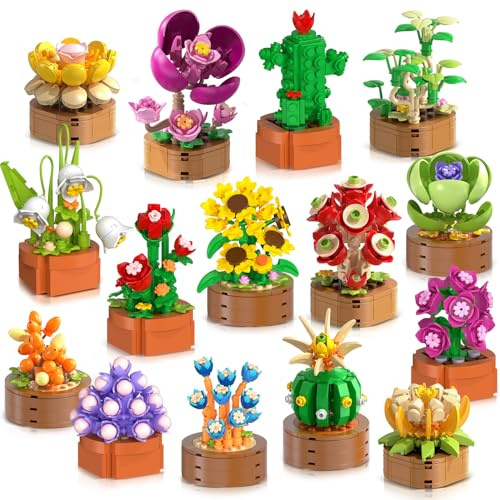Confezione da 15 mini set di costruzione di fiori e piante grasse per adulti e bambini – Collezione di 1314 pezzi di fiori e piante, mattoncini da 3,6 mm, giocattoli, decorazione per casa e ufficio