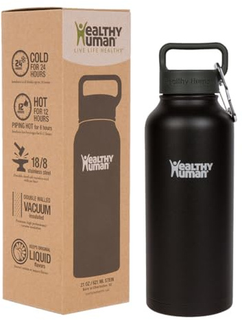 Healthy Human Insulated Stainless Steel Water Bottle Thermos - Ideal for Sports, Outdoors, Men, Women & Kids. Leak Proof. Cold 24Hours - Pure Black - 950 ml / 32oz