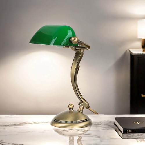 Licht-Erlebnisse Premium Bankerleuchte Messing Glas bronziert Grün Büro H:28,5 cm E14 max. 60W Jugendstil Handarbeit verstellbare Tischlampe Büro