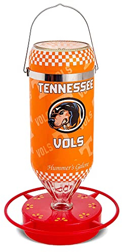 Hummer's Galore, NCAA College Football Hummingbird Feeder, Glass Hummingbird Feeder with UV Resistant Plastic Wrap for Outdoors Hanging, 32 oz, (Tennessee Volunteers)