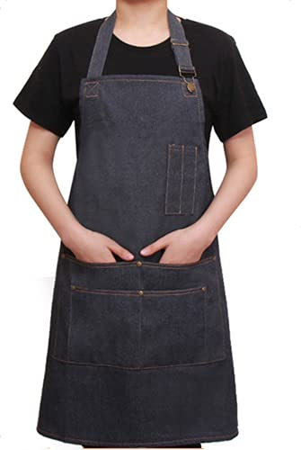 TMHX Tablier en denim, tablier de travail multifonctionnel réglable avec poches à outils avec pour barbier peintre artisan jardinier coiffeur barista tablier en denim anti. (bleu B) 75-68CM