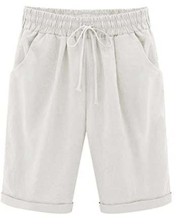 oglccg Half Pants Plus Size Knee Length Cotton Linen Shorts with Pockets Solid Beach Vacation Shorts Straight Leg Trousers Drawstring Elastic Waist Bermuda Shorts Work Shorts, White, 5XL