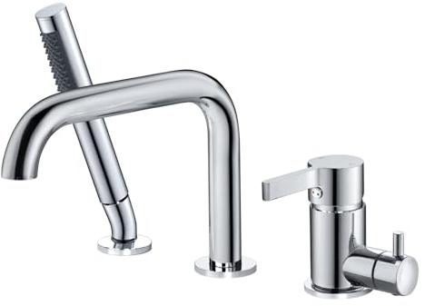 SHANFO Rubinetto per Vasca 3 Fori, Rubinetto per Bordo Vasca con Girevole a 360°, Miscelatore per Vasca da Bagno con Doccetta, Cromo, 11Y1OK