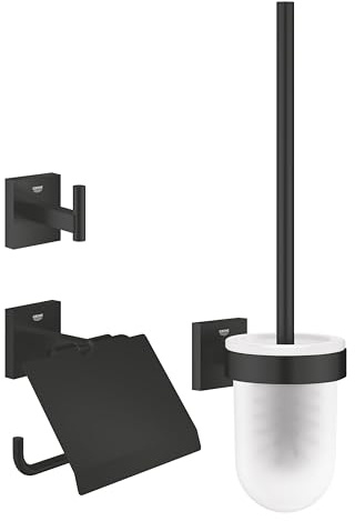 GROHE Start Cube Set d'Accessoires 3-in-1 (Patère Murale, Dérouleur Papier Mural et Porte-balai WC), A coller QuickGlue ou à visser, Noir Mat, 411232430