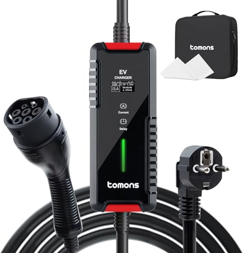 tomons Typ 2 Ladekabel Schuko 3,68 kW, 16A, 6M, Mobile Wallbox Elektroauto Ladegerät, EV Charger mit LED-Anzeige und Verzögerungsfunktion(Schaltbar Strom 6/8/10/13/16A)