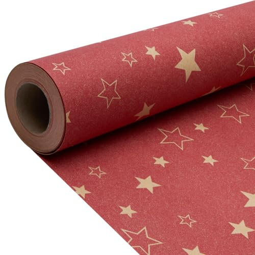 Rollo de papel de regalo navideño Kraft, papel de regalo rojo de 15 m x 43 cm, diseño de patrón de estrella festivo reciclable para envolver regalos de cumpleaños, Navidad y bodas