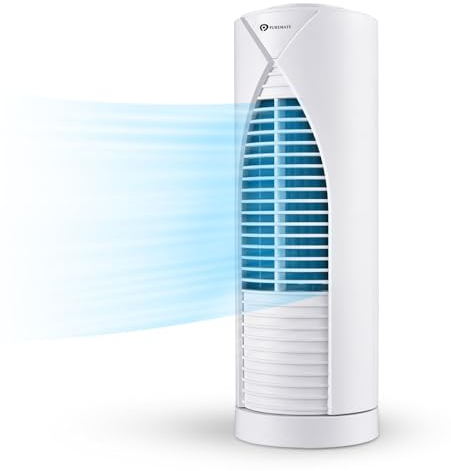 PureMate Mini Tischventilator mit 3 Ventilationsstufen, Automatische 70° Oszillation, Kleiner Turmventilator Höhe 33cm, Ideal für Arbeitsplatz, Nachttisch, 20W, Mini Ventilator Leise - Weiß