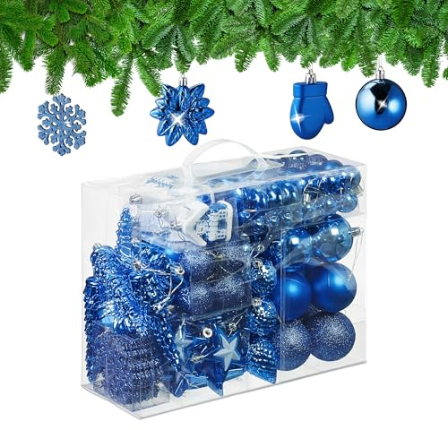Relaxdays Weihnachtskugeln 100er Set, glitzernd, matt & glänzend, Baumschmuck, Kunststoff, Verschiedene Designs, blau