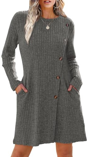 EIRUKON Vestido Punto Mujer Vestido Suéter de Manga Larga para Mujer Vestidos Túnica con Botones Laterales y Bolsillos de Otoño Invierno,Gris,XL