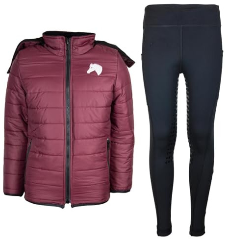 MS-Trachten Reitset Winter Kinder Reitjacke Moni Maroon gesteppt mit Reitleggings Amy Schwarz (146/152)