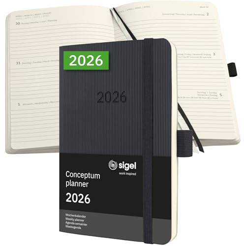 SIGEL C2623 Wochenplaner Wochenkalender 2026, ca. A6, schwarz, Softcover, 176 Seiten, Gummiband, Stiftschlaufe, Archivtasche, aus nachhaltigem Papier, Kalenderbuch Conceptum