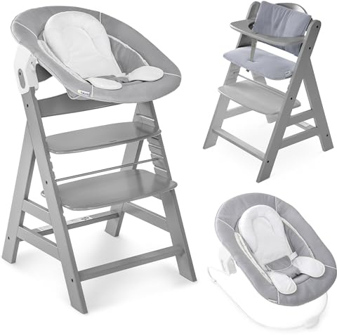 hauck Alpha Plus Newborn Set Trona Evolutiva Recién Nacidos con Hamaca Cojín y Arnés - Silla Alta de Madera para Bebés desde el Nacimiento - Tronas Primeras Comidas para Niños - Gris Oscuro