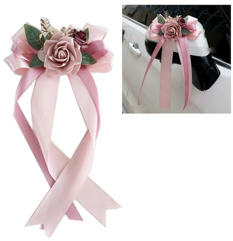4 lazos para coche, flores de seda con rosa artificial, decoración de boda, decoración para manijas de puertas, espejo retrovisor y sillas, con ventosas, para coche de boda, fiesta, color rosa
