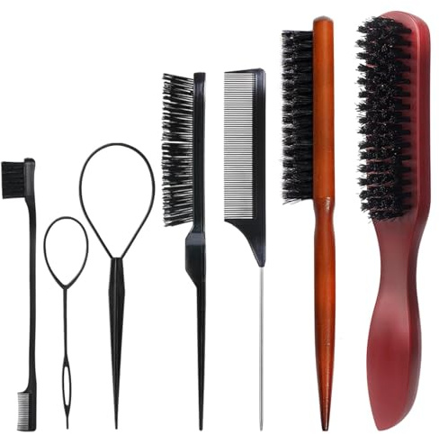 Slick Back Hair Brush, 7PCS Professional Slick Back Brush Smoothing Hair Brush with Boar Bristles, Complete Styling Kit for Slick Back Hair Products, for Men & Women, Includes Comb & Tools